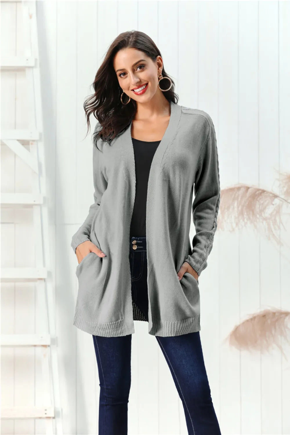 Cable-knit Open Front Long Sleeve Cardigan (10)