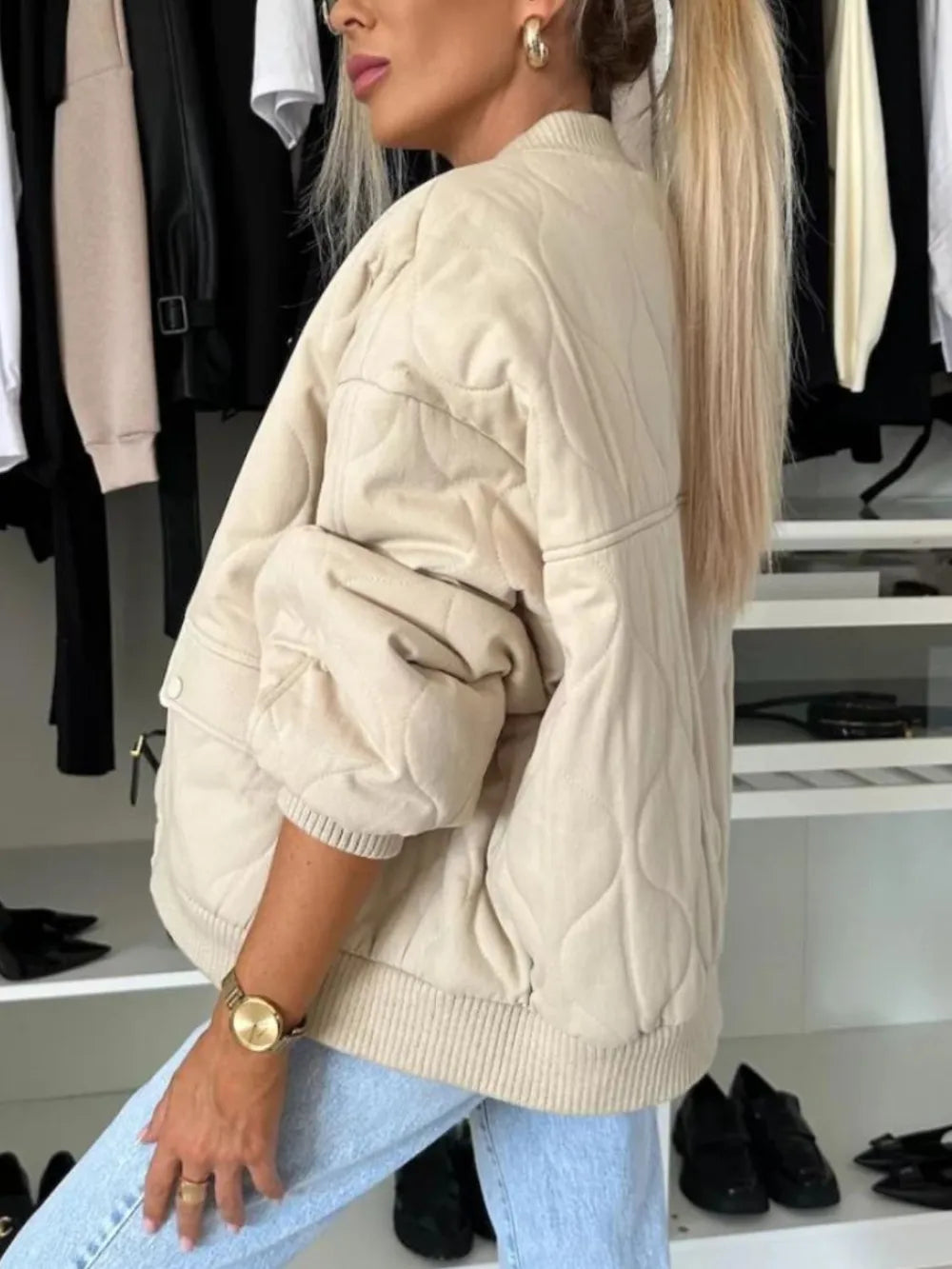 Baseball Collar Snap Down Long Sleeve Jacket (7)