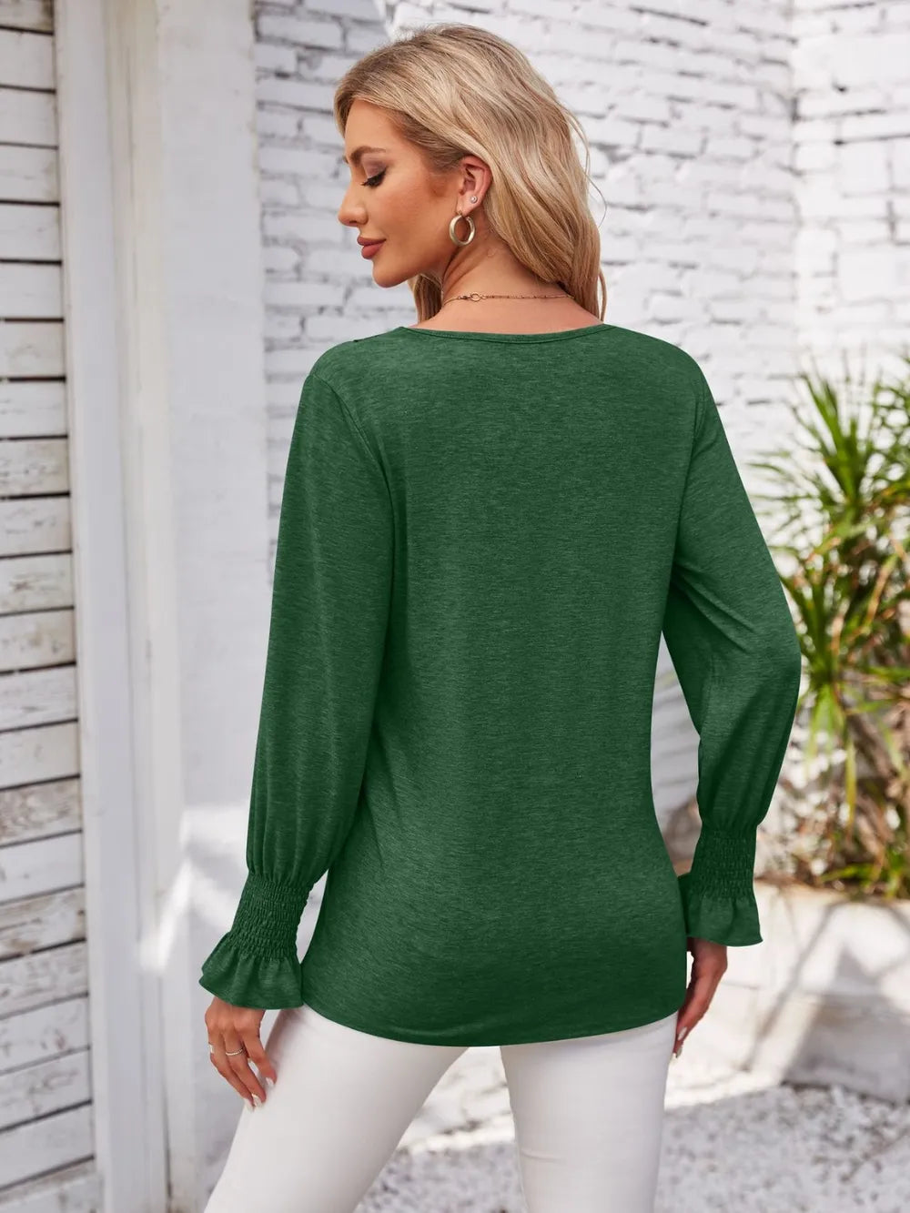 Smocked V-neck Long Sleeve Blouse (21)
