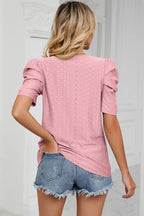 Eyelet Round Neck Puff Sleeve T-shirt (2)