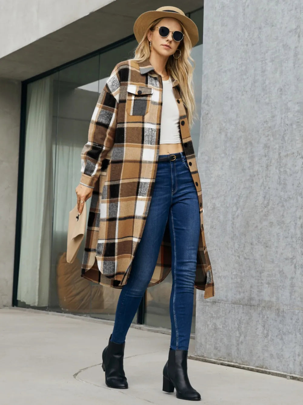 Plaid Pocketed Button Up Trench Coat (3)