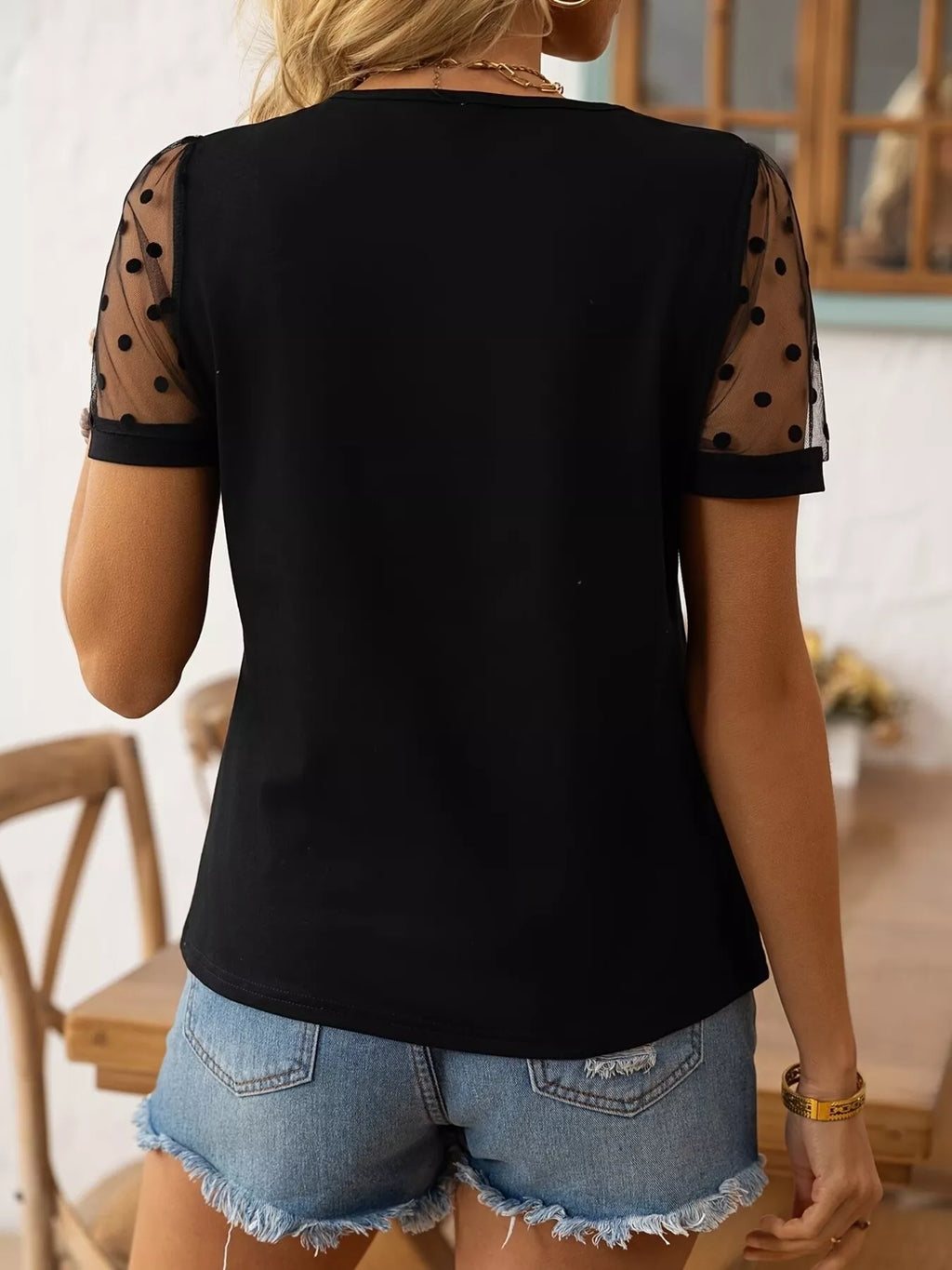 Polka Dot Mesh Sleeve T-shirt (5)