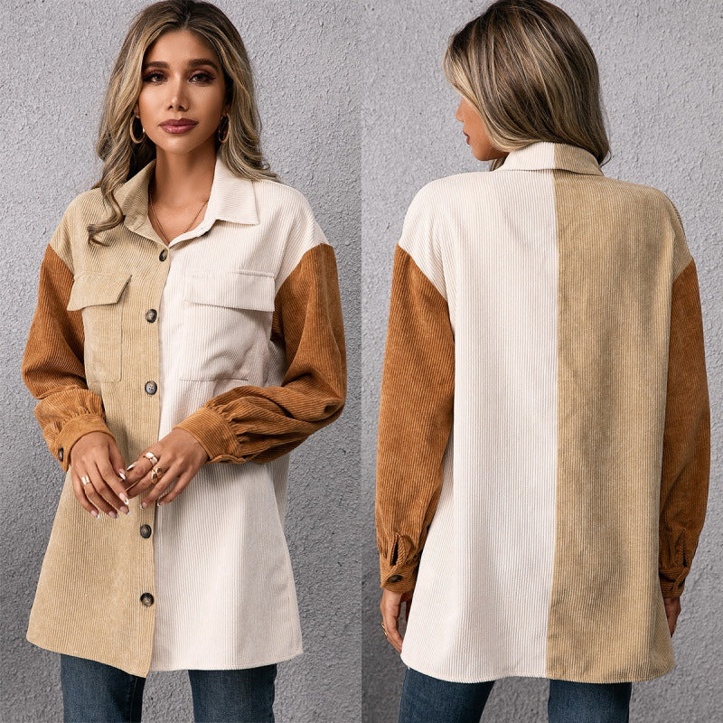 Single-breasted Long-sleeved Color-blocking Shirt Top photo 1