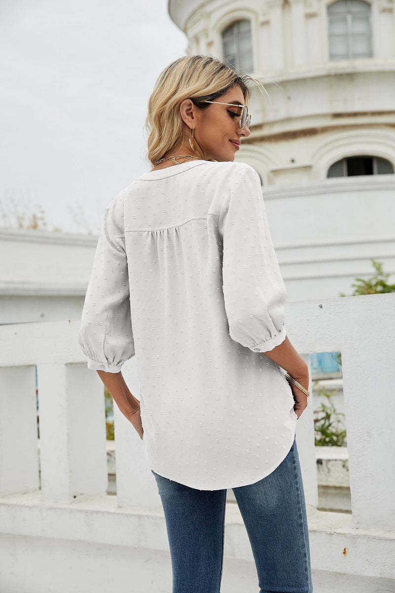 Swiss Dot Notched Neck Three-quarter Sleeve Blouse (32)