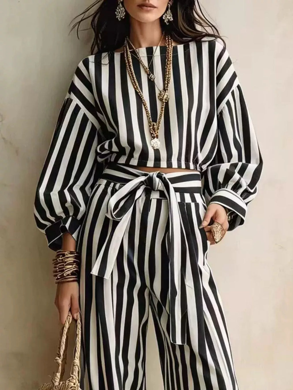 Striped Long Sleeve Top Pants Two-piece Set (5)