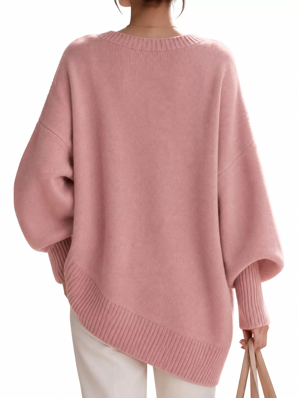 Full Size V-neck Oversized Batwing Sleeve Sweater Plus (32)
