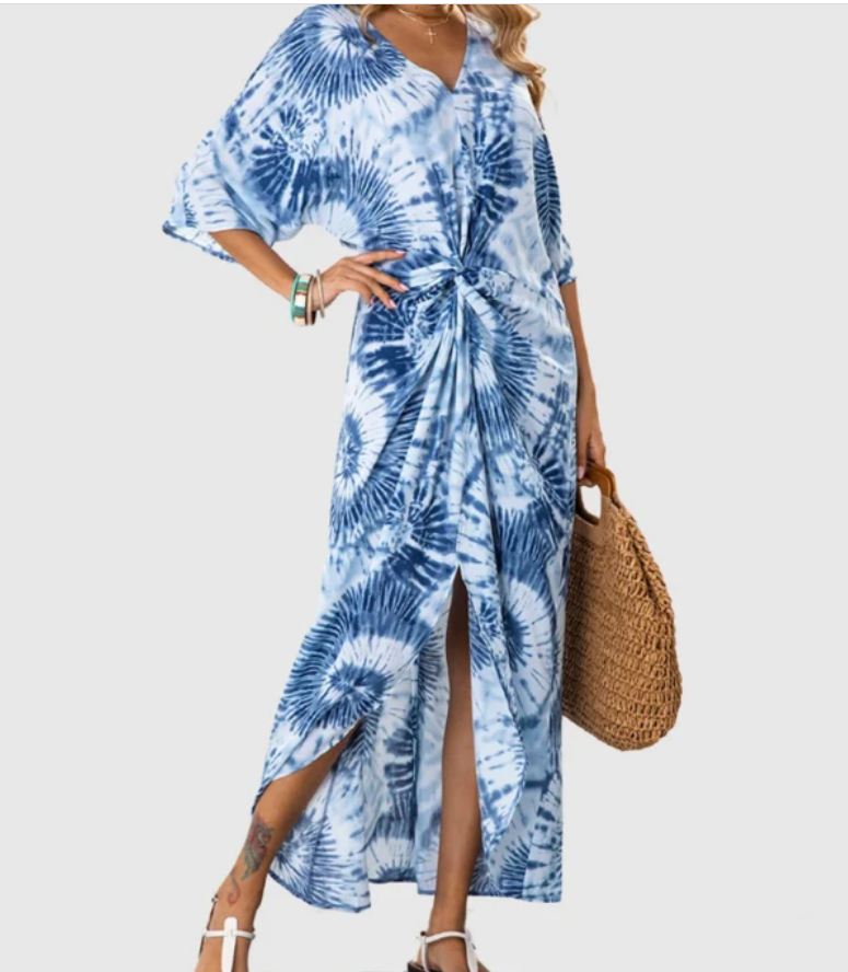 Printed V-neck Dress variant CJNSSYLY07781-Blue-XL|CJNSSYLY07781-Blue-M|CJNSSYLY07781-Blue-L|CJNSSYLY07781-Blue-S|CJNSSYLY07781-Blue-XXL