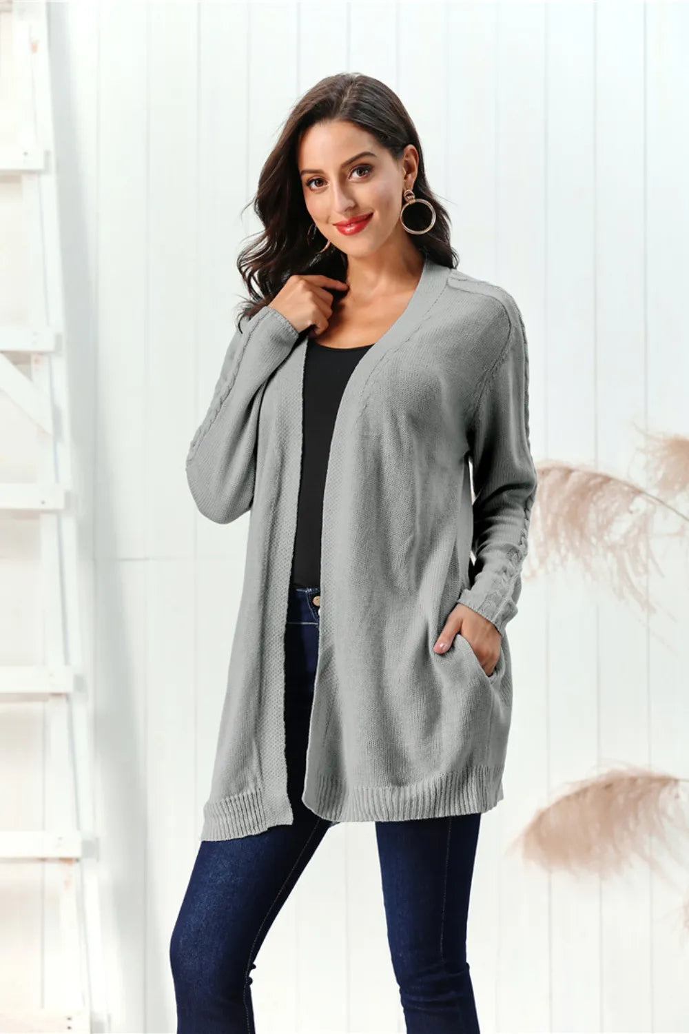 Cable-knit Open Front Long Sleeve Cardigan (12)