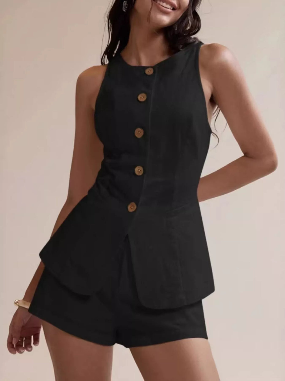 Button-down Sleeveless Top Shorts Set (16)