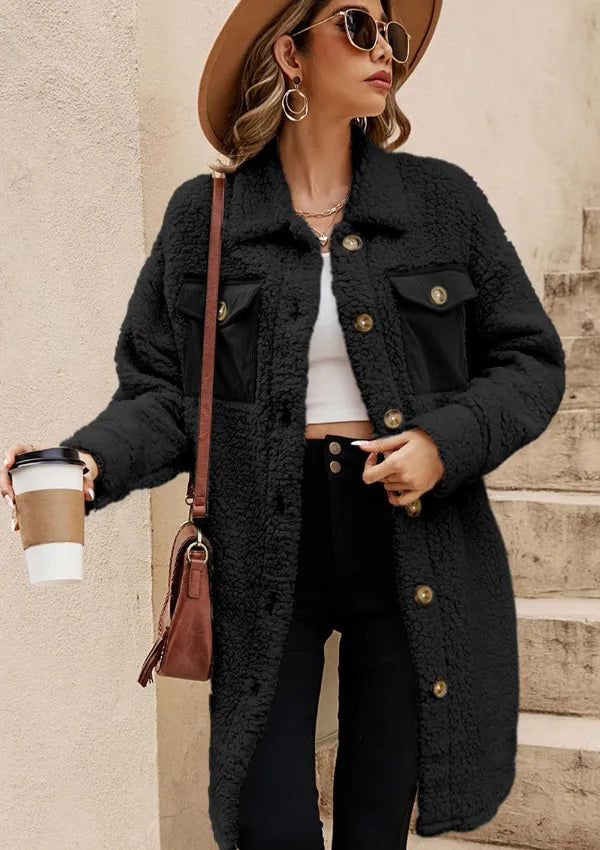 Collared Neck Long Sleeve Longline Teddy Jacket (28)