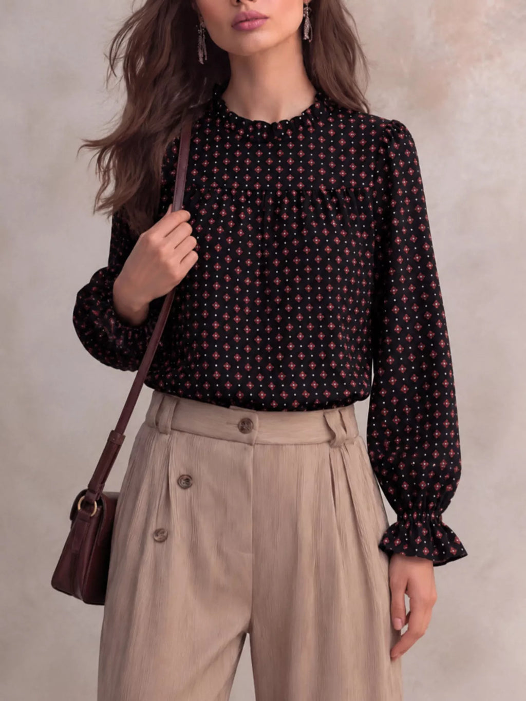 Geometric Print Mock Neck Puff Sleeves Blouse (11)