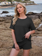 Round Neck Short Sleeve Top Shorts Sweater Set (22)