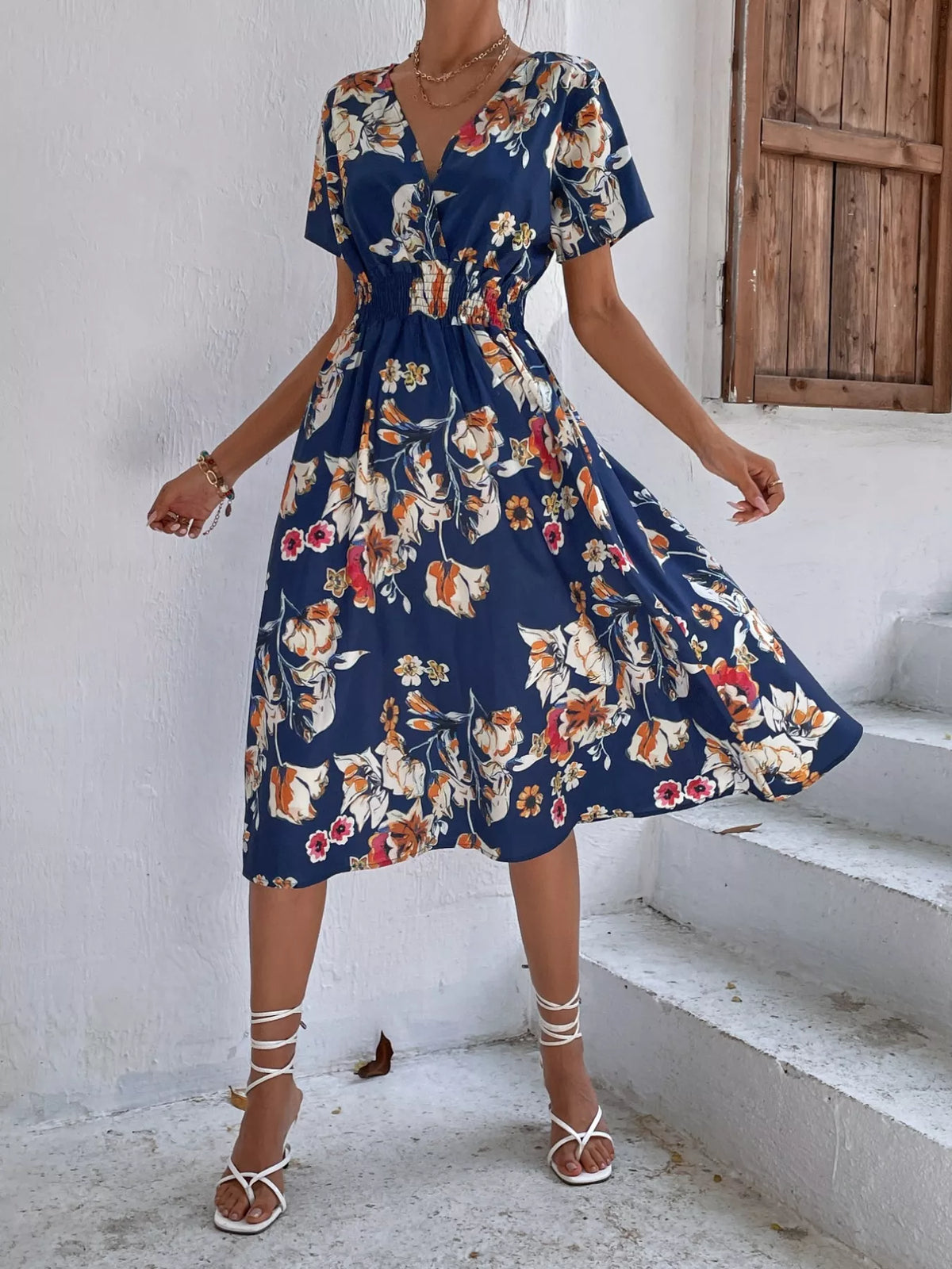 Printed Short Sleeve Midi Dress (24)