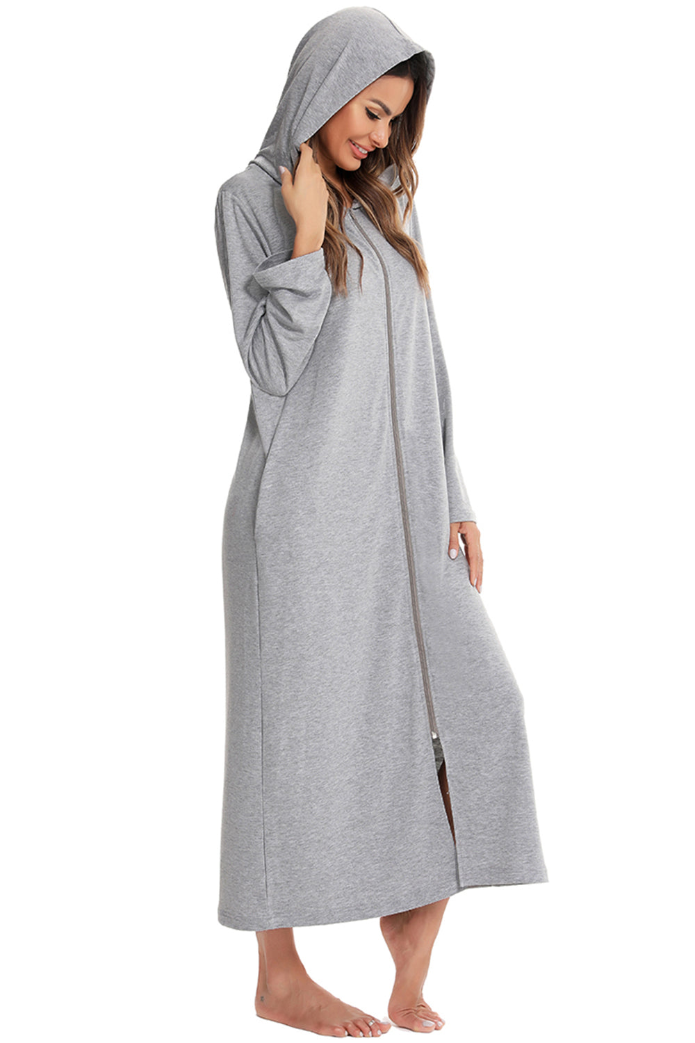 Zip Front Hooded Night Dress Pockets (3)