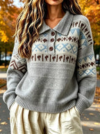 Full Size Vintage Fair Isle Pattern Polo Collar Sweater Plus (6)