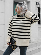Striped Slit Turtleneck Drop Shoulder Sweater (5)