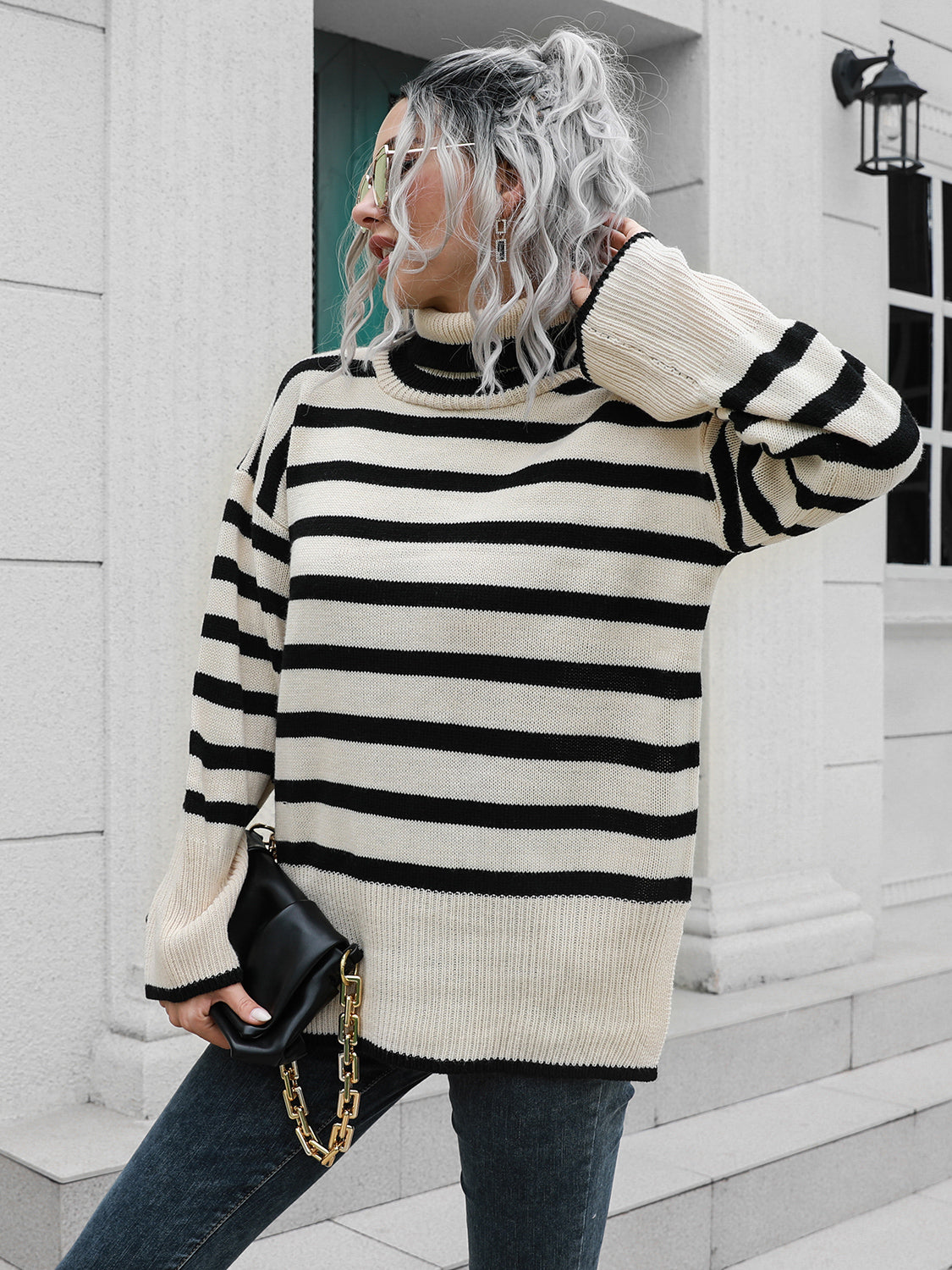 Striped Slit Turtleneck Drop Shoulder Sweater (5)