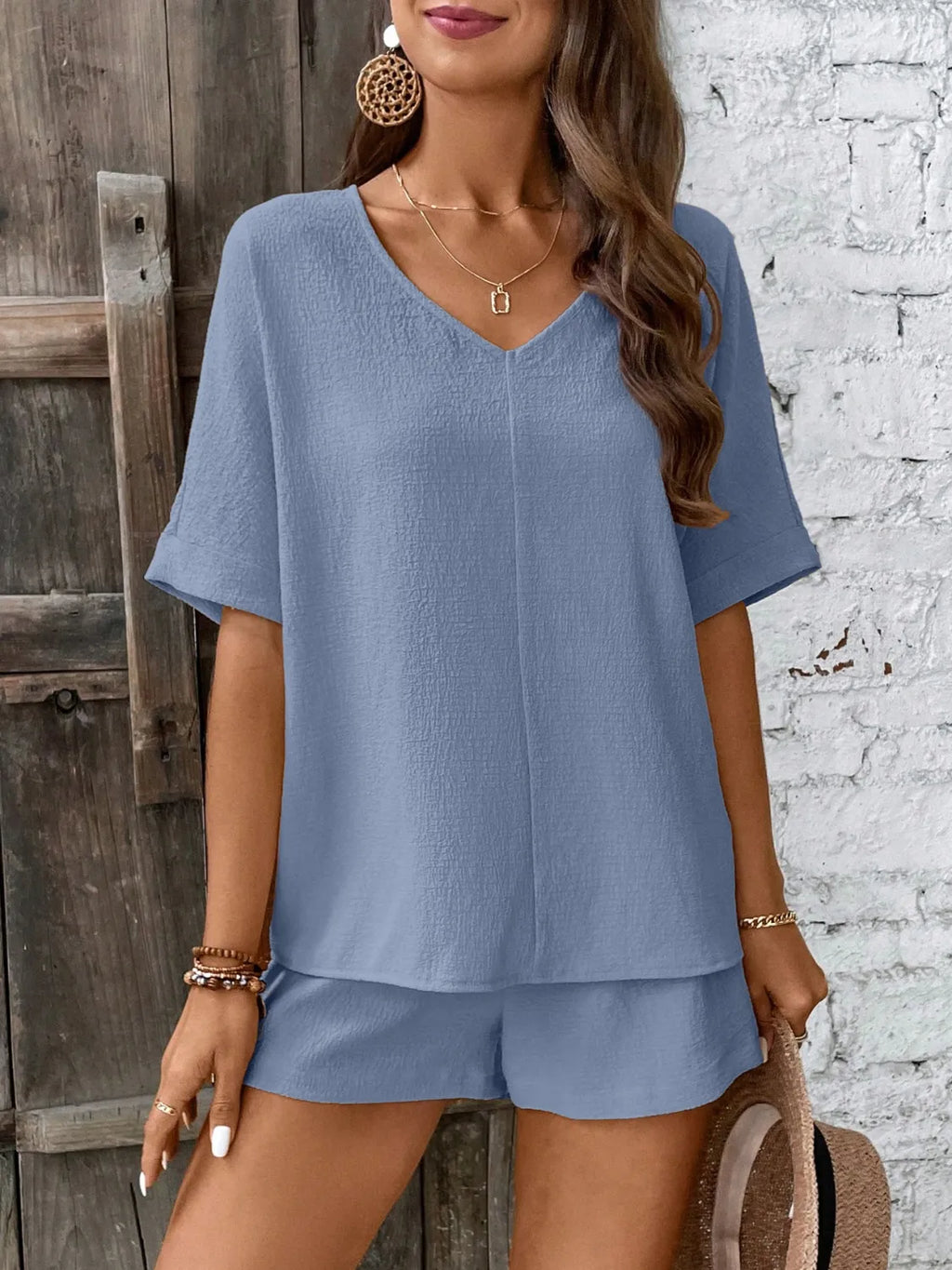 V-neck Half Sleeve Top Shorts Set (14)