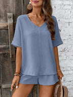 V-neck Half Sleeve Top Shorts Set (14)