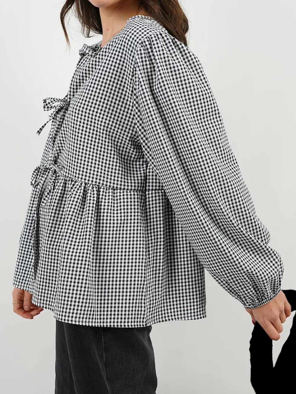 Tied Round Neck Long Sleeve Blouse (13)