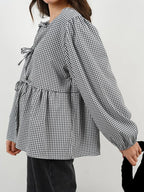 Tied Round Neck Long Sleeve Blouse (13)