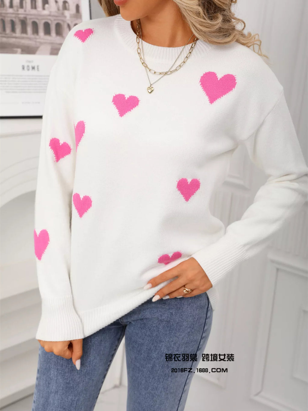 Valentine's Day Heart Print Round Neck Sweater (15)