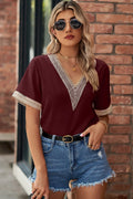 Openwork V-neck Short Sleeve T-shirt