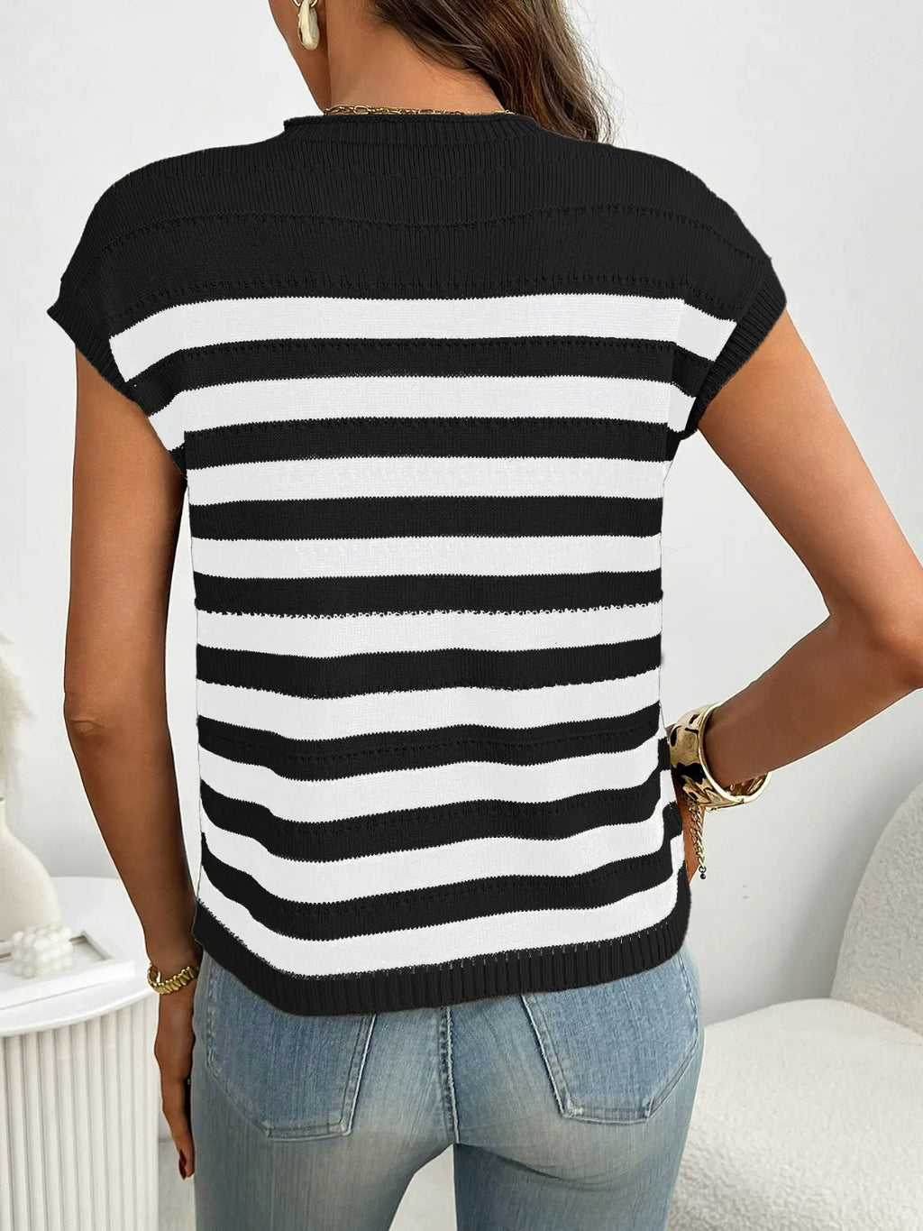 Striped Mock Neck Cap Sleeve Knit Top (15)