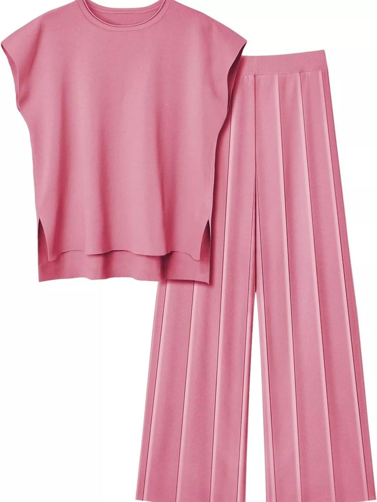 Casual Solid Color Cap Sleeve Top Pants Knit Set (28)