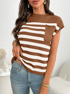Striped Knit Pocket Detail Cap Sleeve Sweater (13)