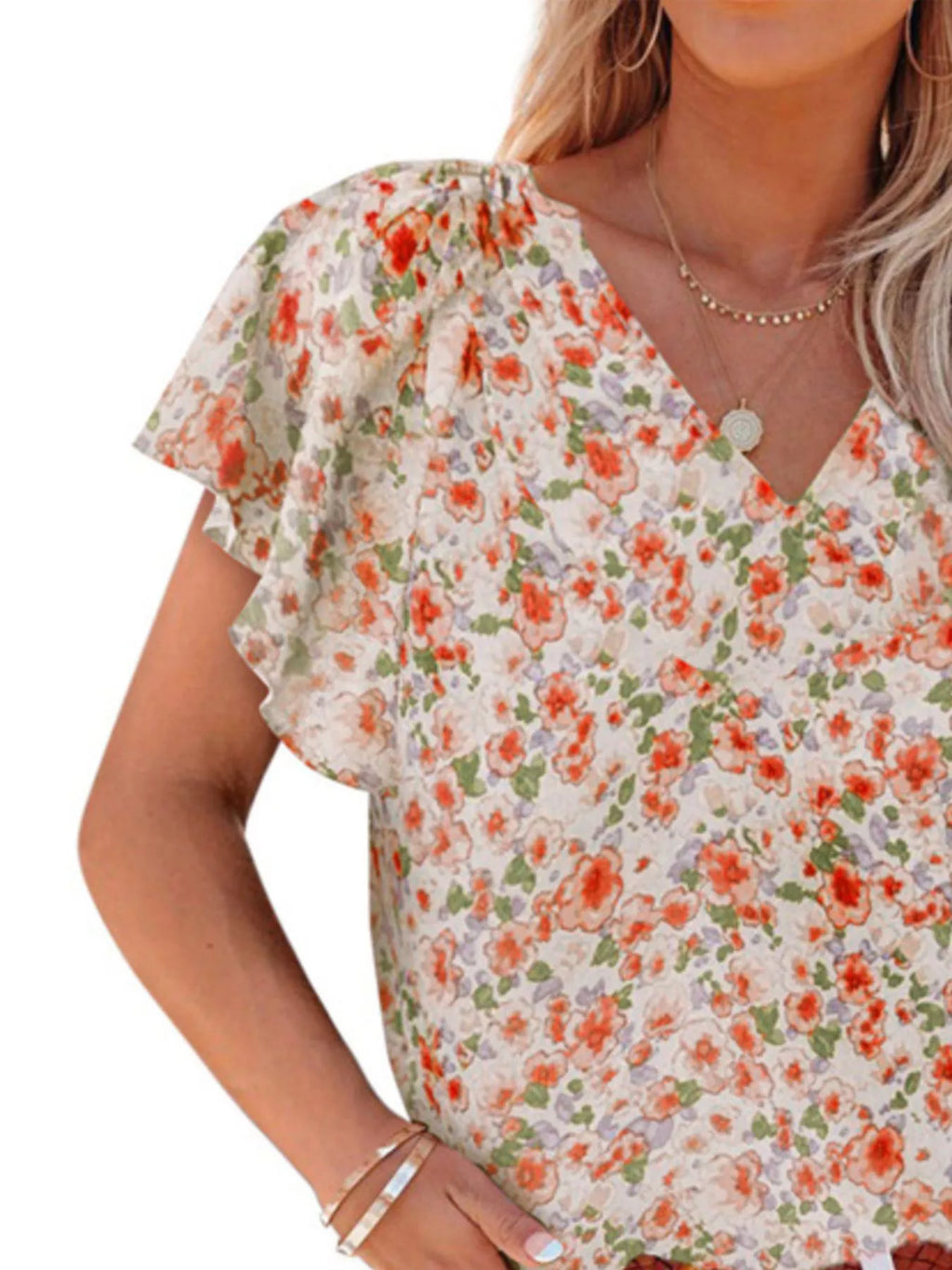 Full Size Floral Print Flutter Sleeve V-neck Blouse Plus (16)