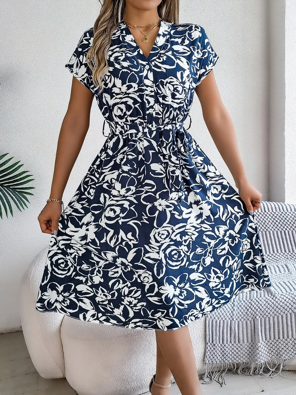 Printed V-neck Short Sleeve Dress (17)
