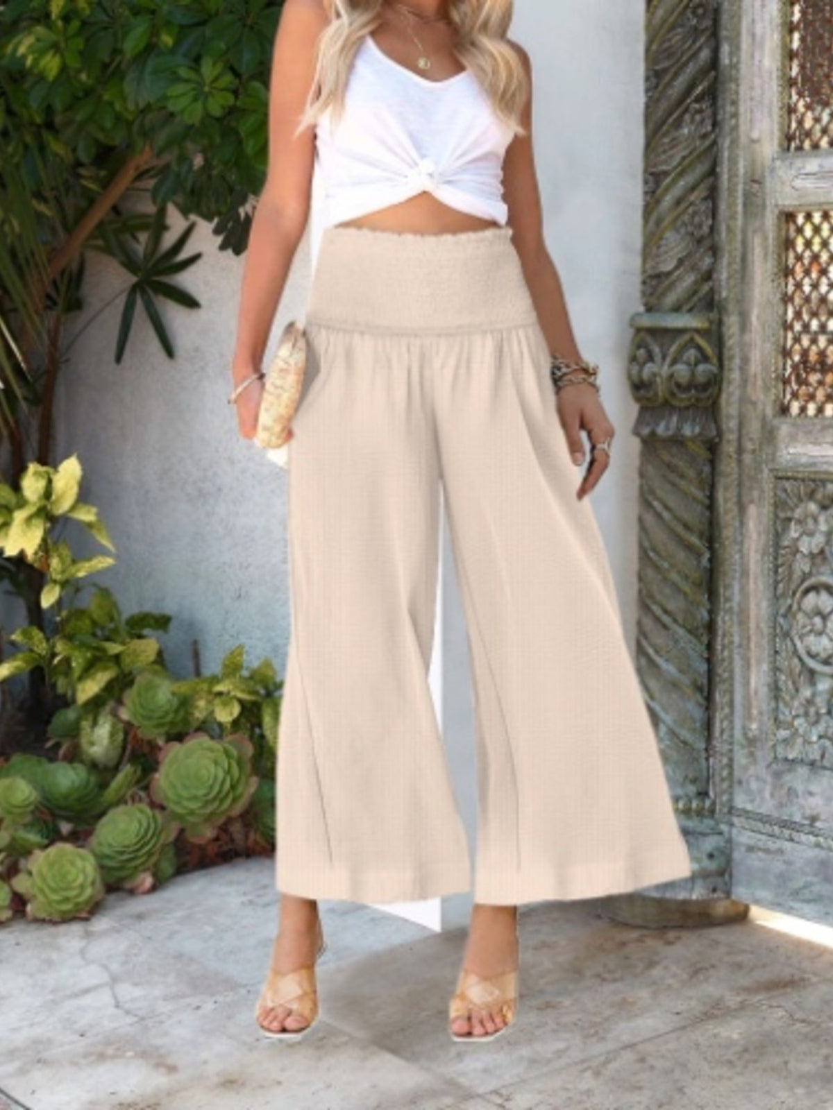 Wide-leg Smocked Waist Pants (6)