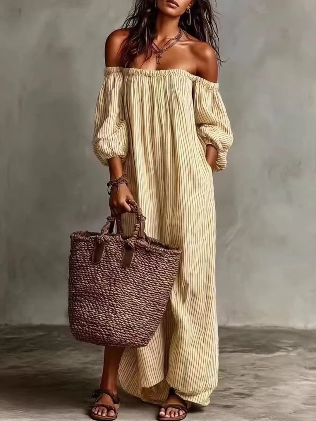 Full Size Off-shoulder Striped Maxi Dress Puff Sleeves Plus (7)