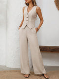 V-neck Button Down Vest Wide Leg Pants Set