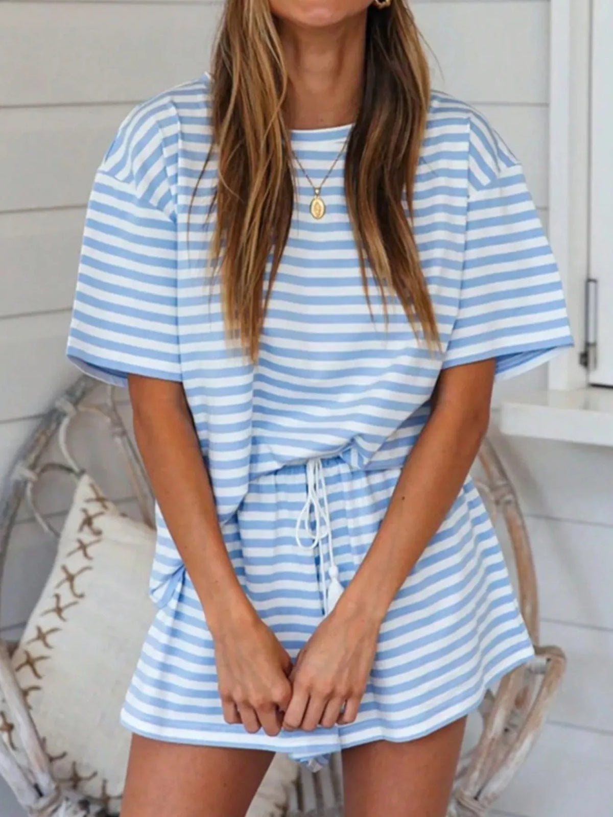 Striped Short Sleeve Tee Drawstring Shorts Set (7)