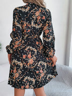 Pleated Printed Tie Neck Long Sleeve Dress (20)