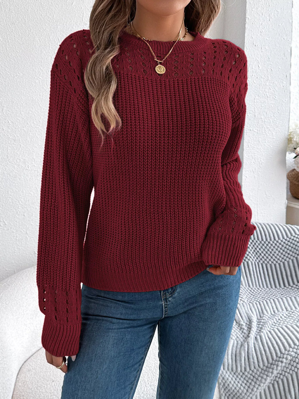 Openwork Round Neck Long Sleeve Sweater (5)
