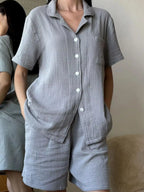 Button Up Short Sleeve Shirt Shorts Set (3)