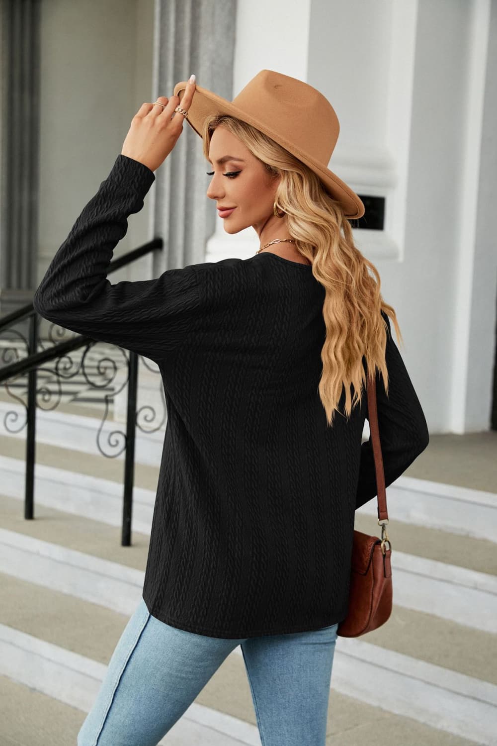 Decorative Button V-neck Long Sleeve T-shirt (27)