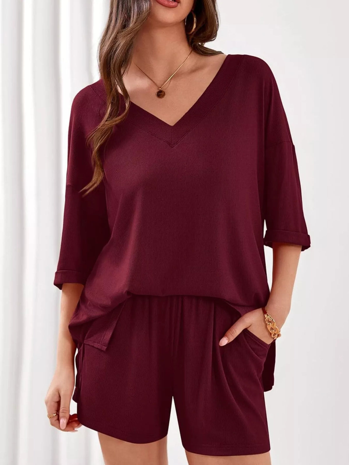 Casual Solid Color V-neck Top Shorts Set (19)