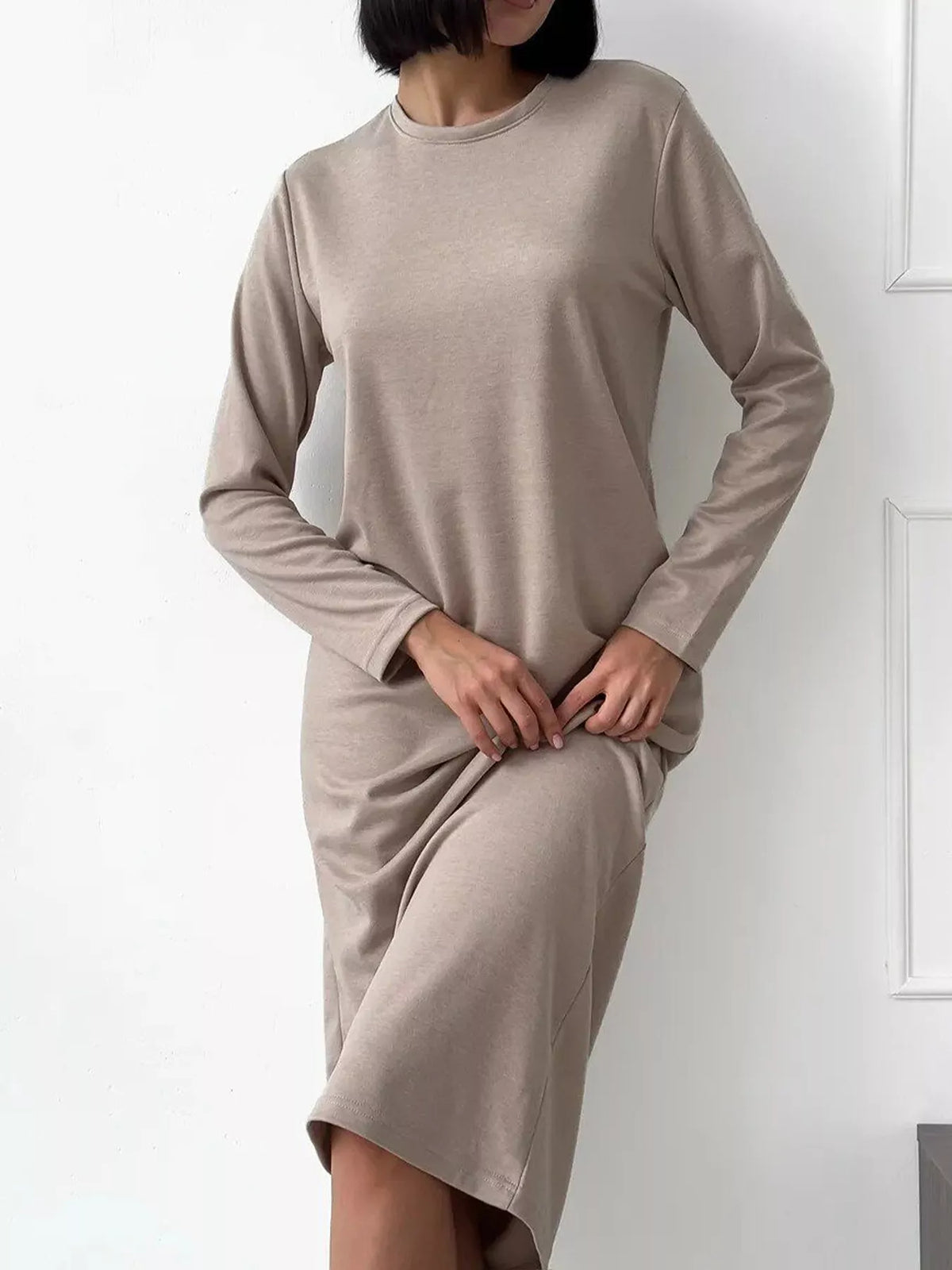 Round Neck Long-sleeve Midi Dress (11)