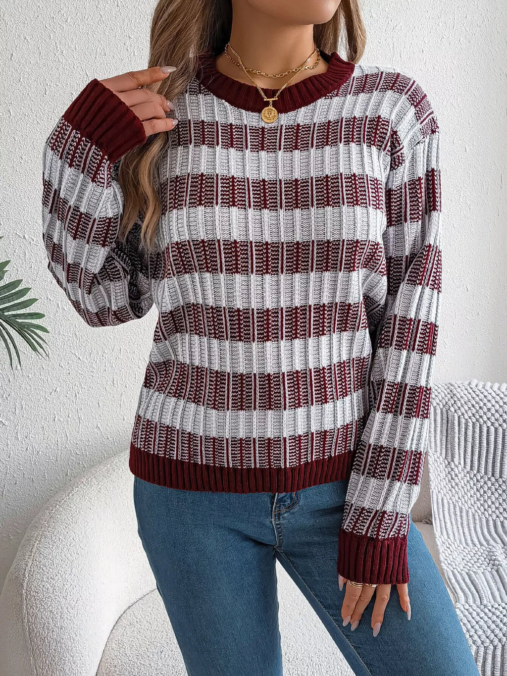 Striped Round Neck Long Sleeve Sweater (16)