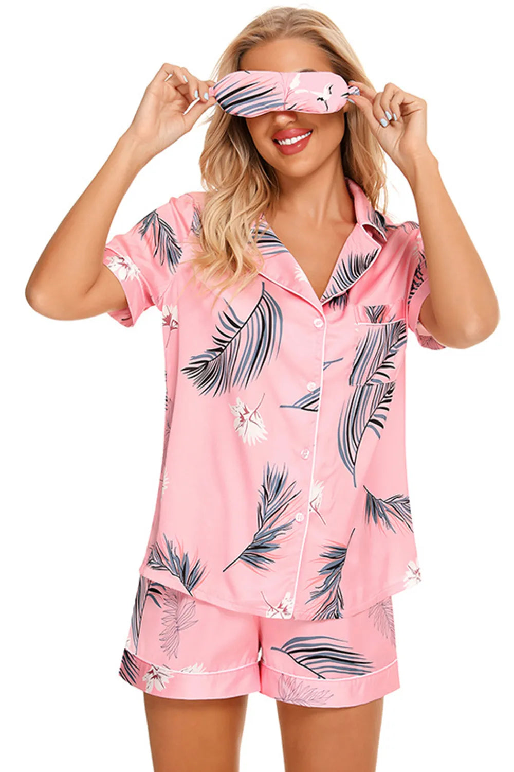 Printed Button Up Short Sleeve Top Shorts Lounge Set (4)