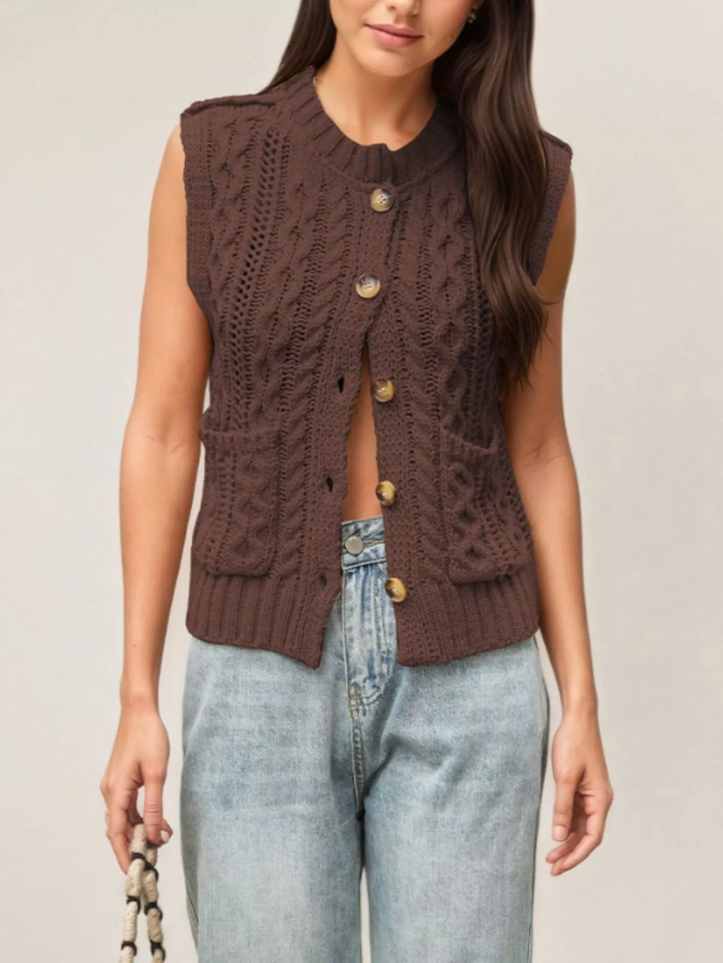 Cable-knit Button-down Sweater Vest (9)