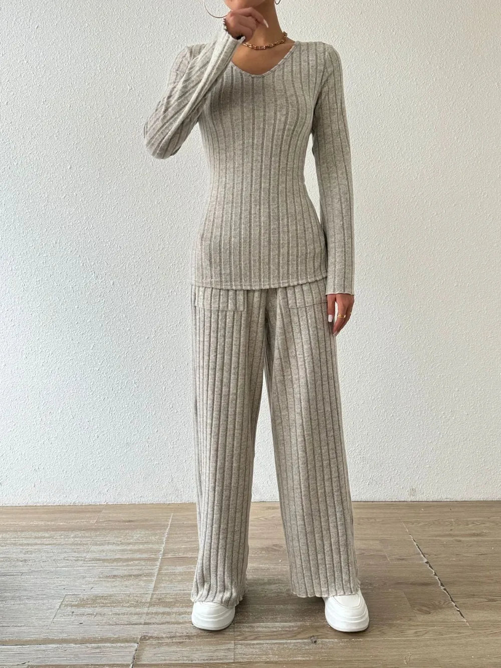 Ribbed V-neck Long Sleeve Top Pocketed Pants Set (5)