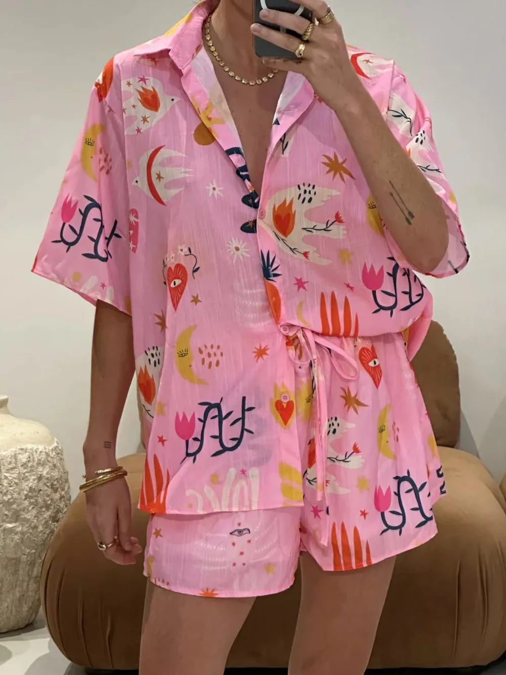 Printed Button Down Shirt Shorts Set (7)
