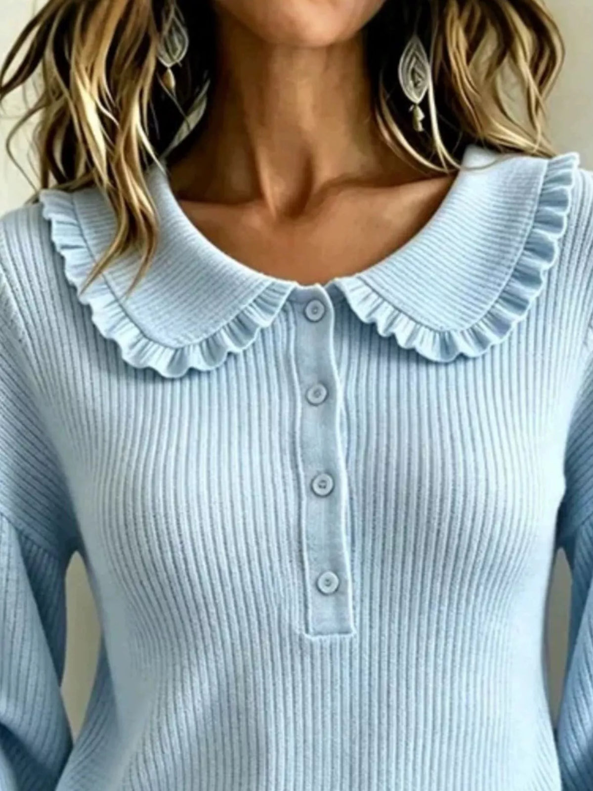 Full Size Ruffle Collar Button Detail Sweater Plus (2)