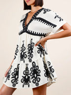 Printed V-neck Short Sleeve Mini Dress (2)