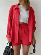 Textured Button Up Shirt Shorts Set (20)